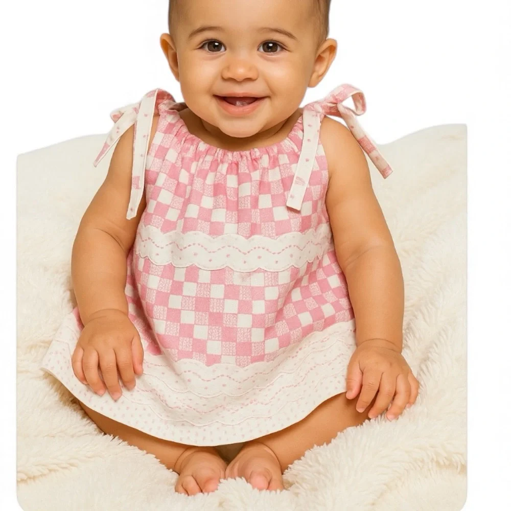 Infant Dress from VTG Pillowcase Handmade features Pink and White Check 18-24 mo